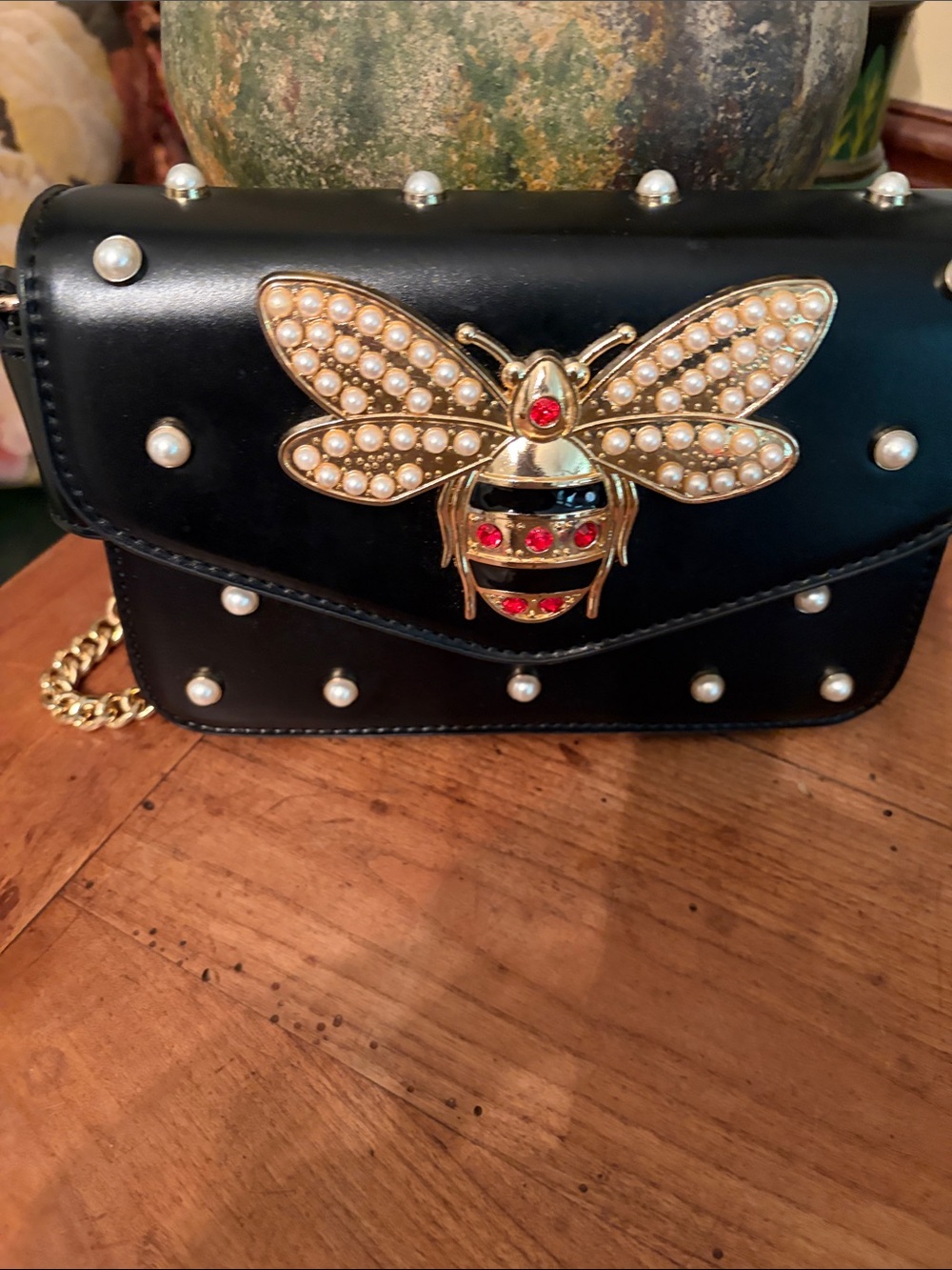 Black Pearl-Studded Bee Accent Crossbody Bag